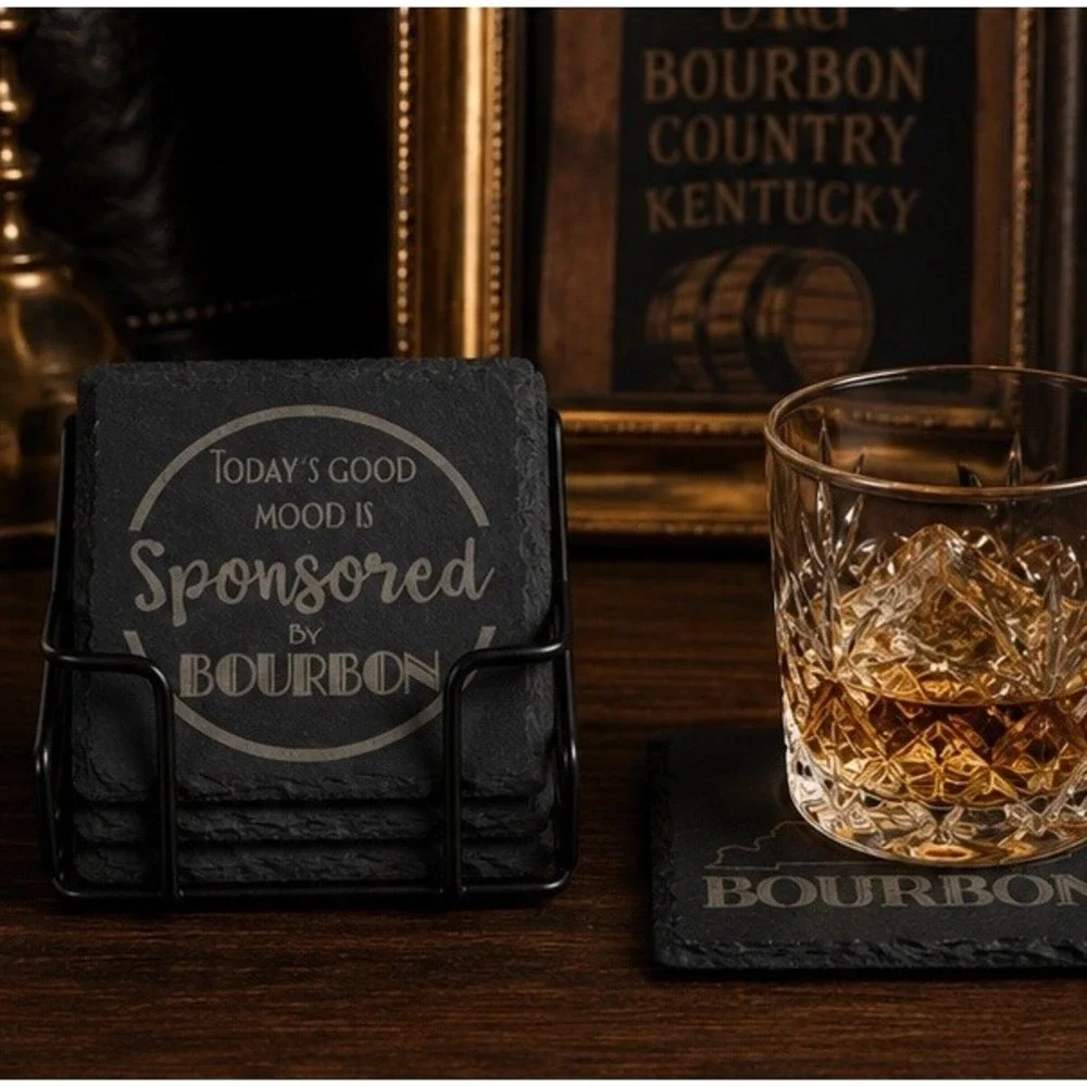Set of 4 Bourbon Slate Coasters Kentucky Whiskey Bar Man Cave Drink Decor